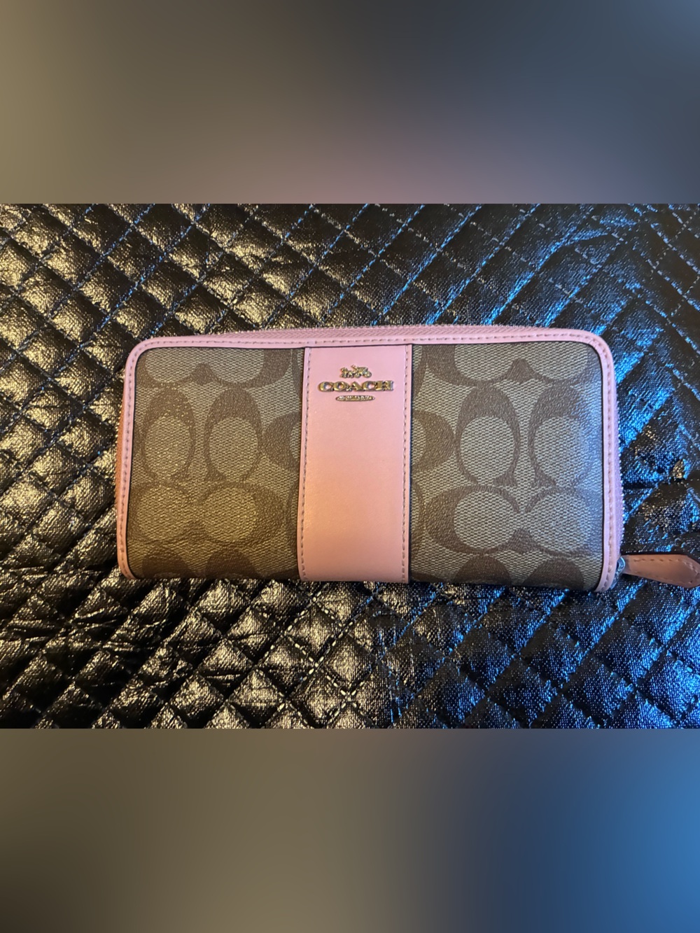 ✨ Coach Signature Canvas Wallet with Pink Trim Accordion Zip Wallet | Authentic